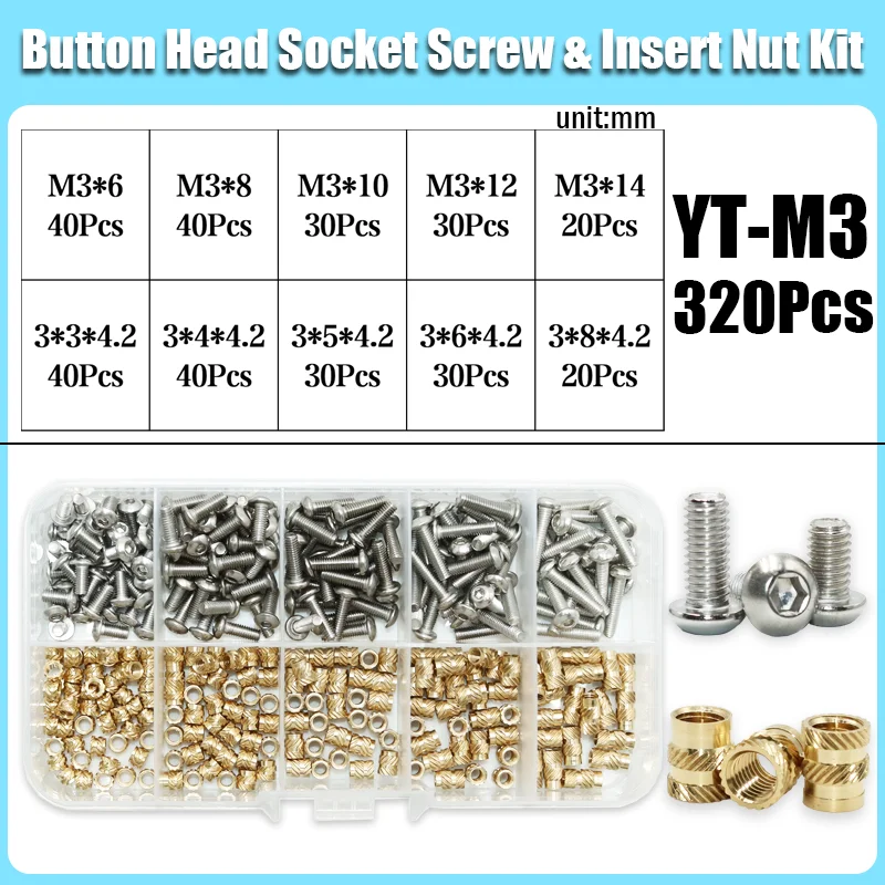 Messing-Einsatzmutter und Edelstahl-Schraubensatz M2 M3 M4 Gewinde Heat Set Einsätze Drucken 3D-Kupfer-Heißschmelzmuttern Maschinenschraube
