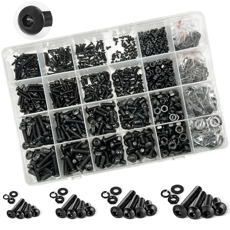 2000 ชิ้น M2-M5 Hex หัวปุ่มสกรูชุดเมตริก Bolts Nuts ล็อคแบนเครื่องซักผ้า, 10.9 โลหะผสมเหล็ก Fastener ชุดกล่อง
