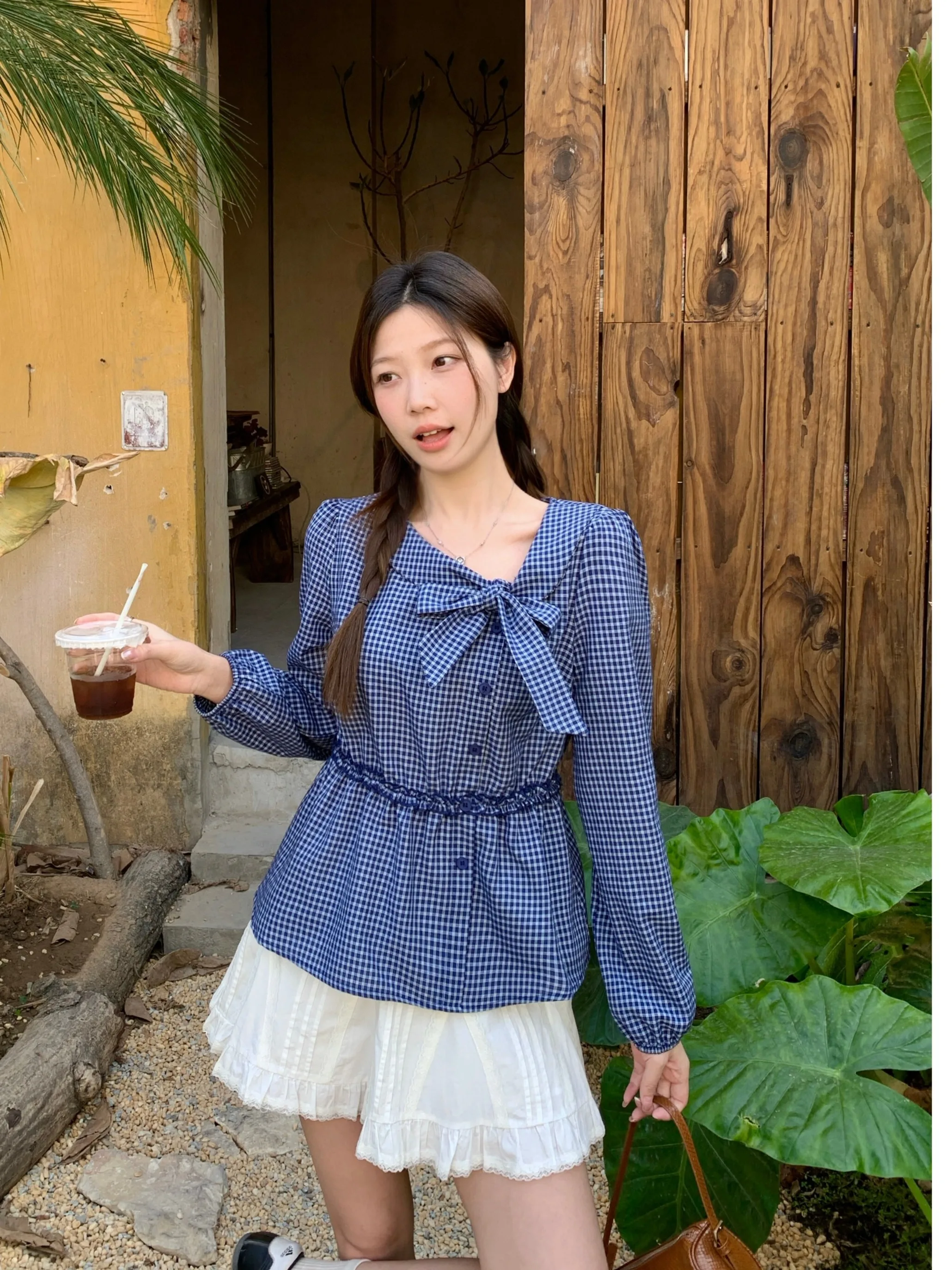 

Женская рубашка в клетку больших размеров, новинка весна-лето, с завязками на талии, длинный рукав, хлопковый топ, модный крой с завышенной талией