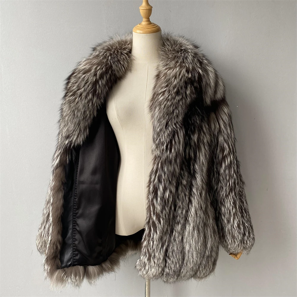 Jaxmonoy Real Fox Fur Coat for Women Luxury Design Natural Silver Fox Fur Coat Ladies Warm Winter Jacket 2025 New in Outerwear