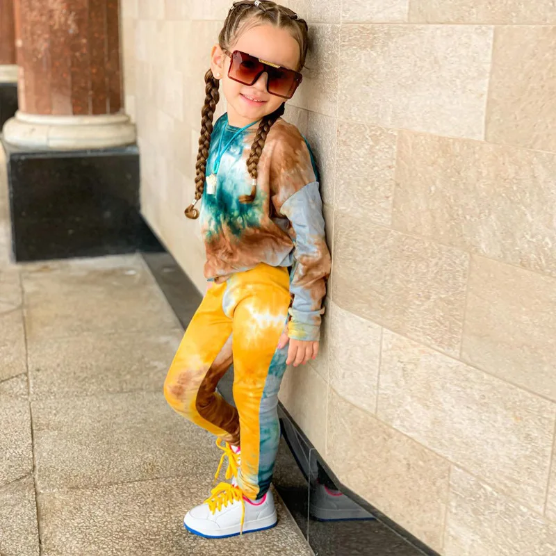 Kids Girls Autumn Clothes Sets Long Dolman Sleeve T-shirt+Tie Dye Pants Casual Clothing For Children\'s Girl Toddler Baby Girls