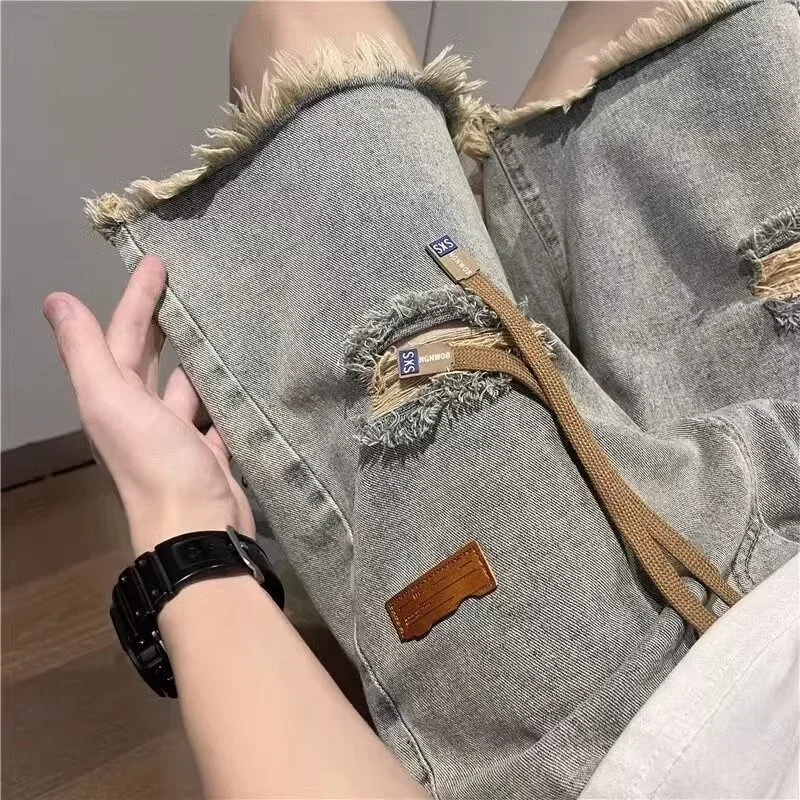 Summer Y2K Vintage Mens Jean Shorts 2024 New Streetwear Ripped Bermuda Jorts Drawstring Baggy Wide Leg Blue Denim Shorts Pants