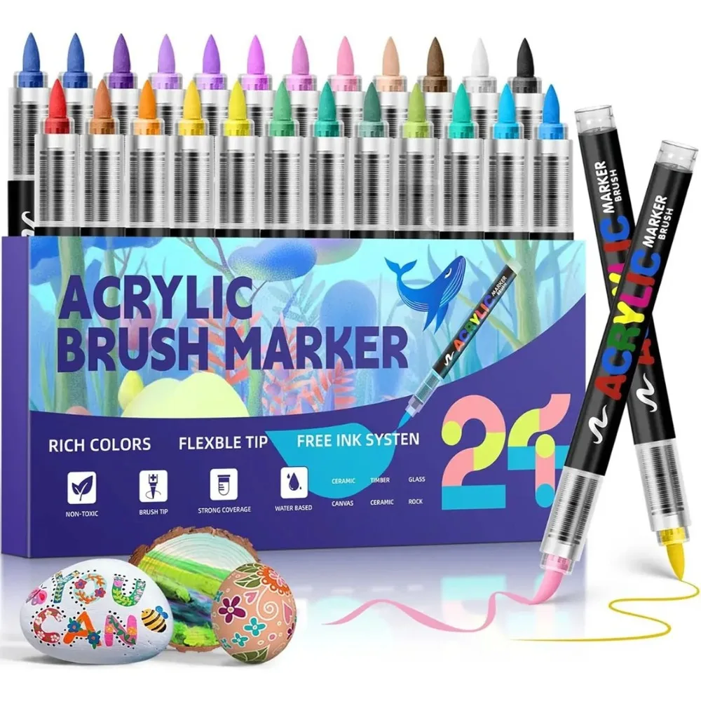 

24 Colors Acrylic Paint Markers Brush Tip for Fabric Wood Rocks Canvas Painting Glass Ceramic Art Craft Supplies Gifts for Kids
