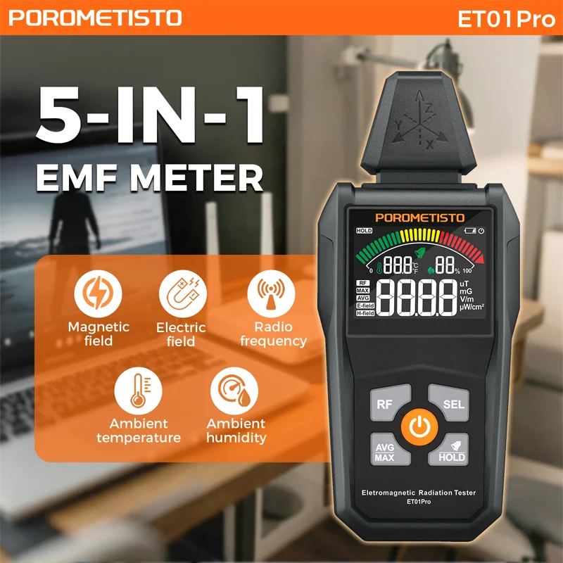 ET01Pro 5-in-1 สนามแม่เหล็กไฟฟ้าเครื่องตรวจจับรังสี 30Mhz ~ 8GHz ความถี่ EMF เครื่องวิเคราะห์สามแกน Radiometer Tester