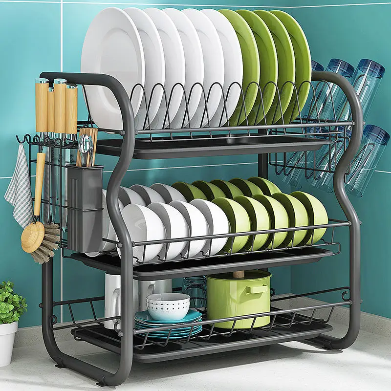 

Stainless Steel Drying Rack Bowl Dish Draining Shelf Kitchen Organizer 3 Tiers Dish Drainer multifunctional kitchen shelf