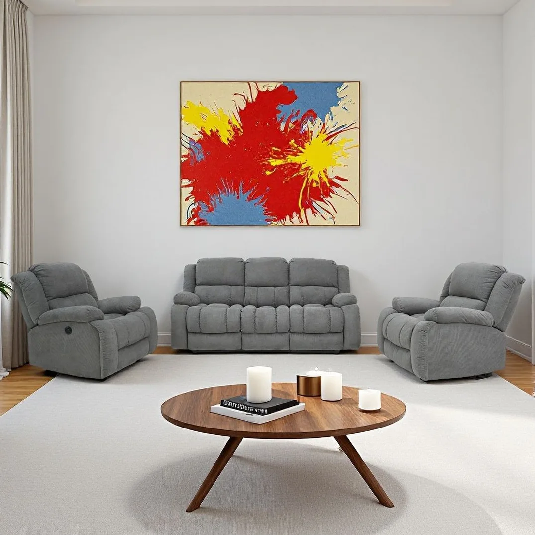 #Power Reclining Tech Fabric 3 Piece Sofa Set 3 Seater 2 ReclinerChairs with USB Charging Multi Functional Living Room Furniture