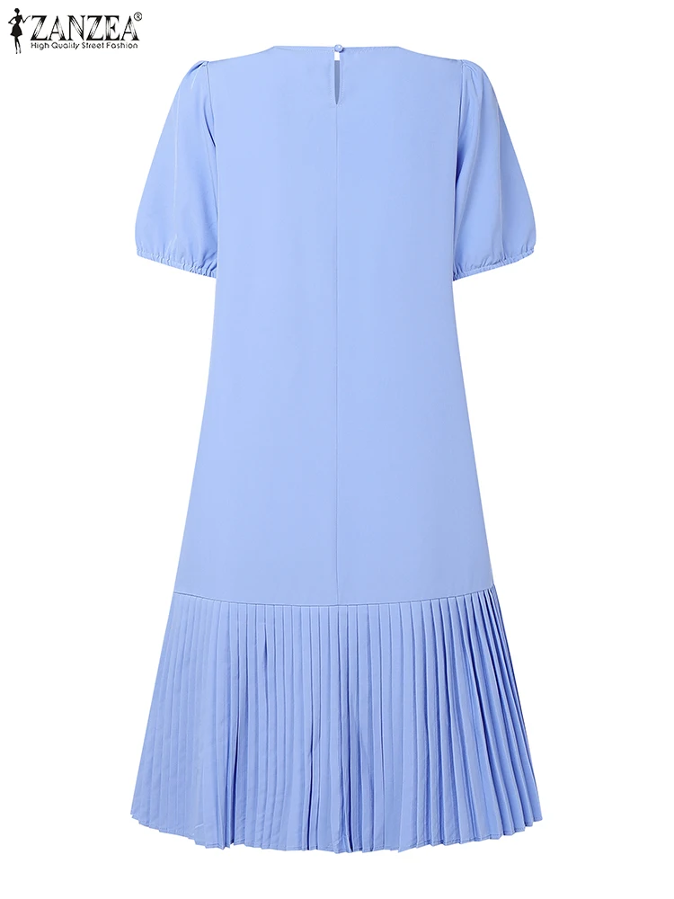 ZANZEA Women 2025 Summer Dress Elegant Pleated Dresses Stylish Short Puff Sleeve Party Sundress Casual Solid Work Vestidos Robe