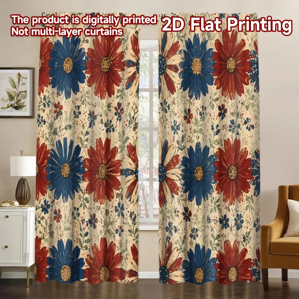 2D FLAT PRINTING 2pcs Curtains (Without Rod) Independence Day Floral Display Pattern Modern Curtains Fabric Curtains Festive