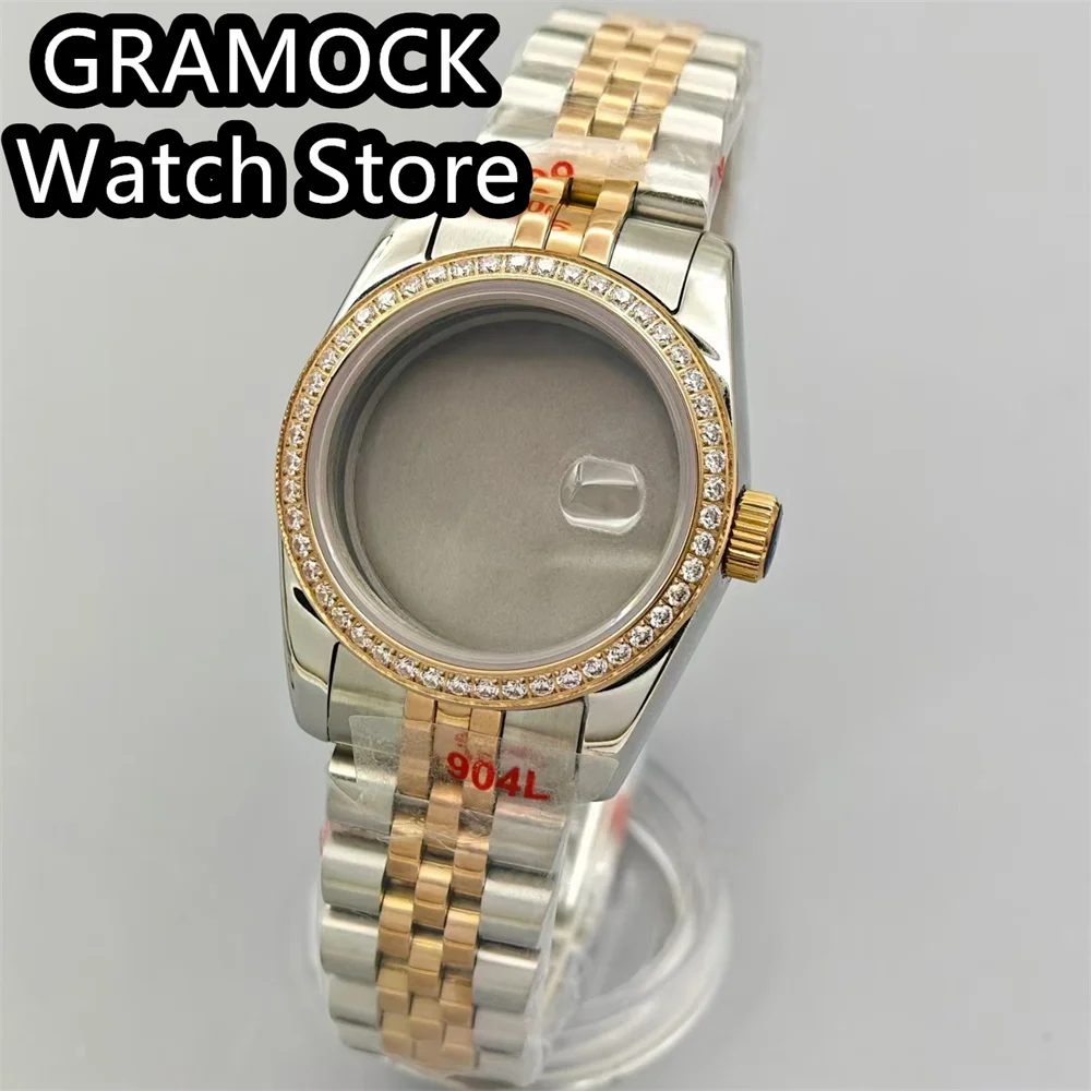 GRAMOCK 30.5mm Luxury Diamond Bezel Women Watch Case Sapphire Glass Steel Strap For NH05 NH06 Movement Replacement Parts