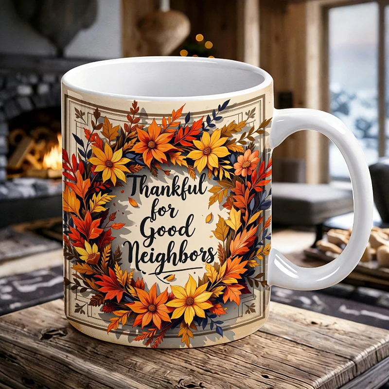 

11oz Autumn Wreath Handle Ceramic Mug, Fully Printed Coffee Mug, Insulated Milk Cup, Office Water Cup, Fade-Resistant