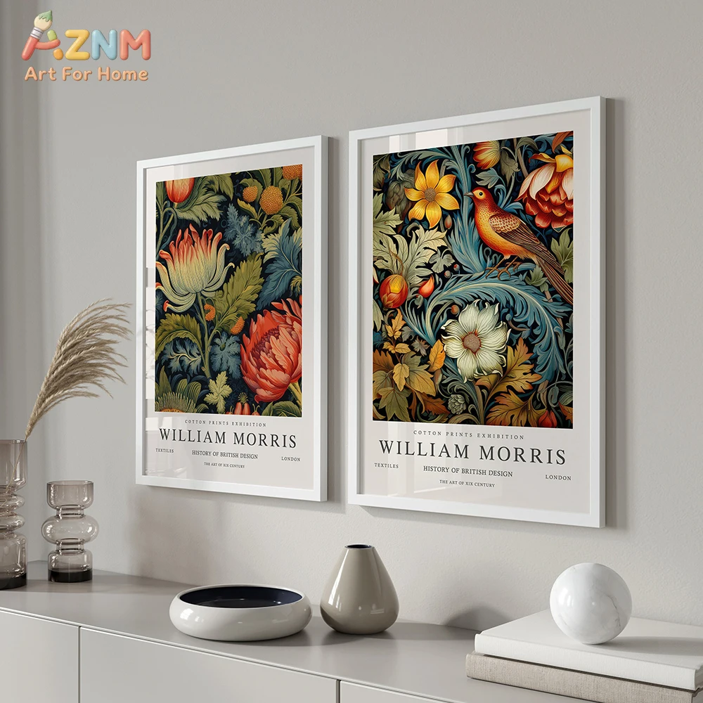 AZNM William Morris Vintage Floral Canvas Wall Art, Botanical Bird Art Nouveau Exhibition Print Retro Home Living Room Wall Deco