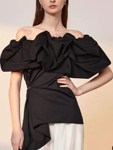 

Модная универсальная блузка на одно плечо с тюлевым воротником, разрезом и асимметричным подолом, элегантная молодежная модель из смесового хлопка в уличном стиле для женщин