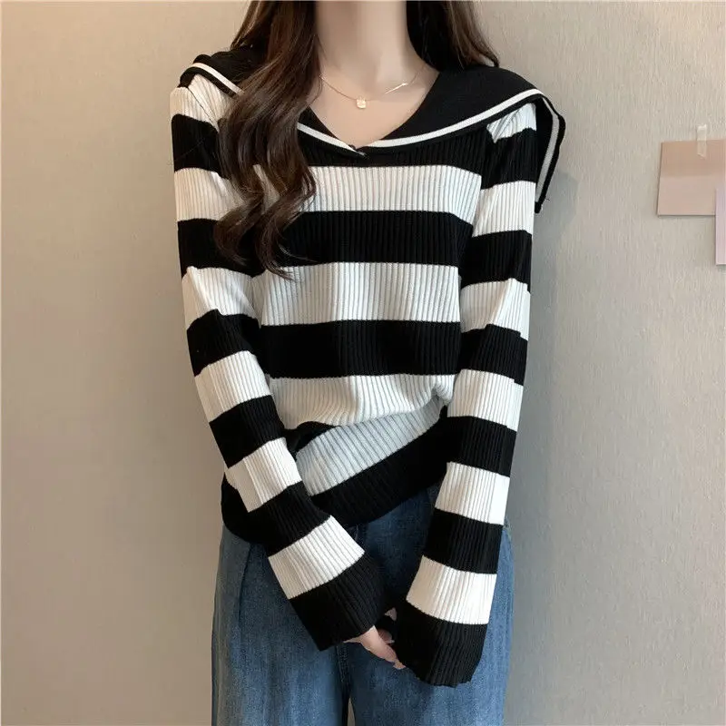 Women\'s Clothing Office Lady Simplicity Casual Fashion Loose T-Shirts Printing Striped O-neck Long Sleeve Pullovers Autumn Thin