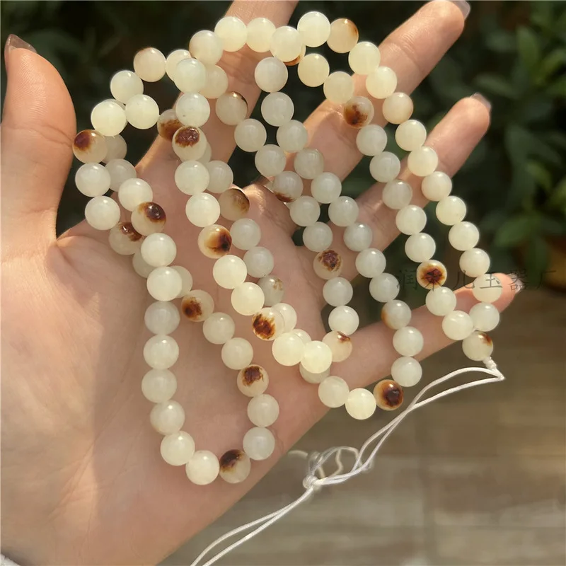 Necklace With Skin, Hetian Jade 8Mm 108 Beads, Lambskin White Multi-Loop Bracelet