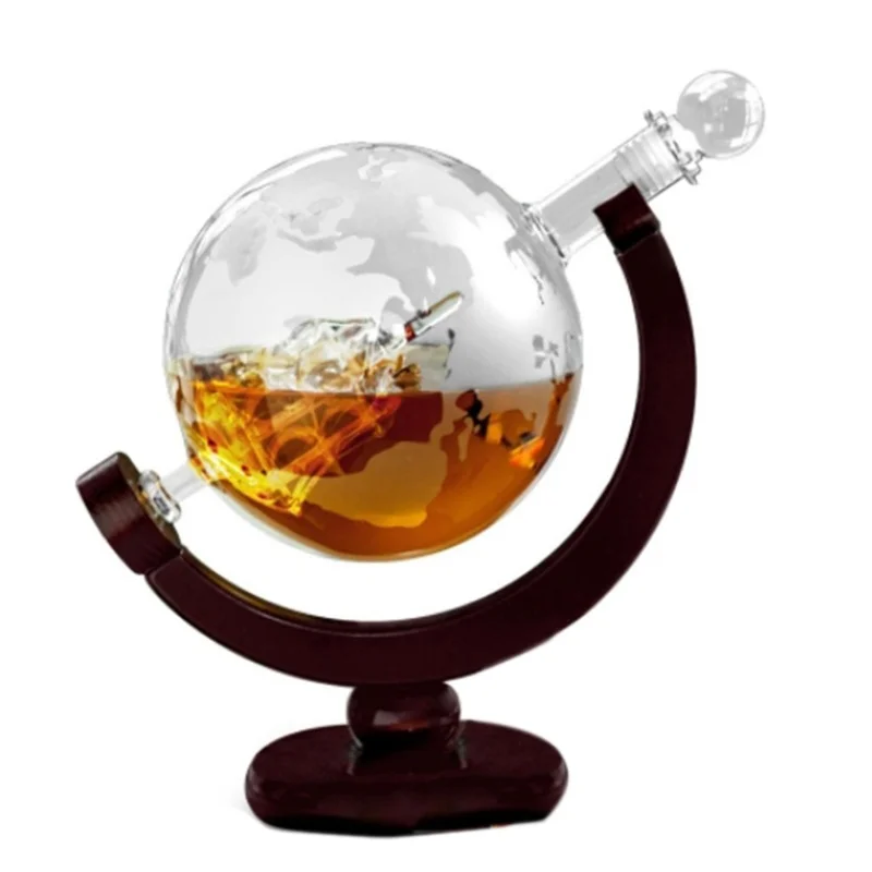 

850ML Whiskey Decanter Antique Ship Whiskey Dispenser For Liquor Bourbon Vodka Wine Glass Decanter Globe with Wood Stand