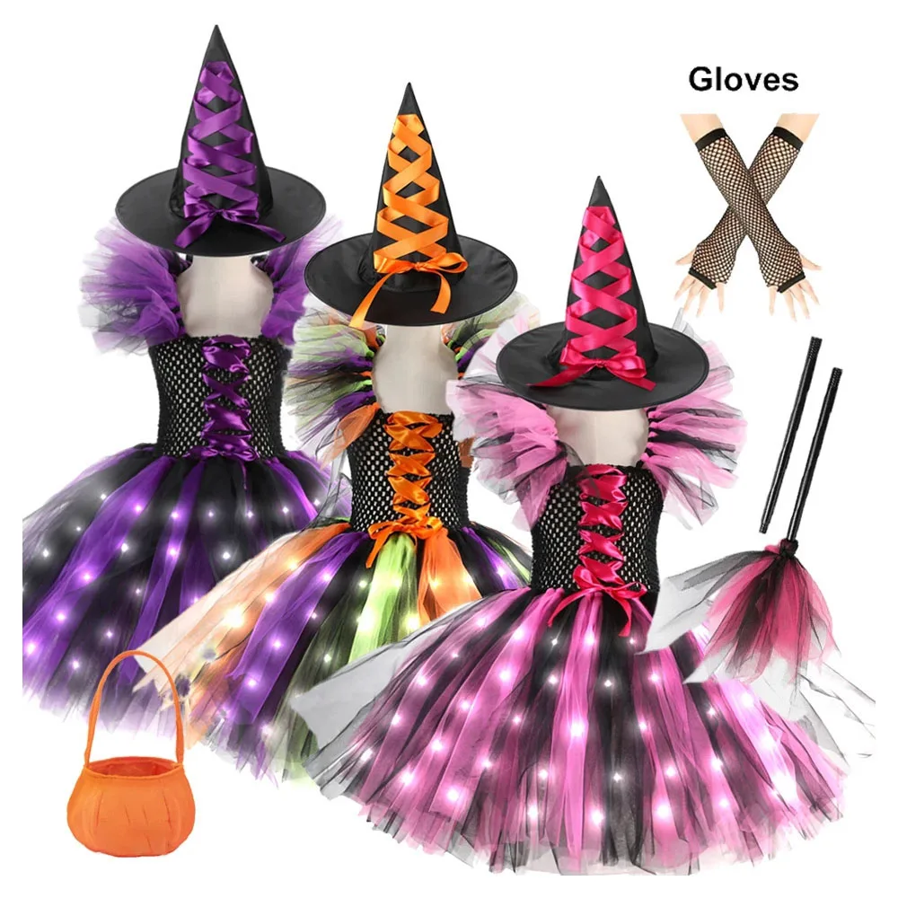 

Girls Black Purple Witch Costume Halloween Mesh Evil Vampires Girls Dress Carnival Party Clothing For Kids Prom Dress Up