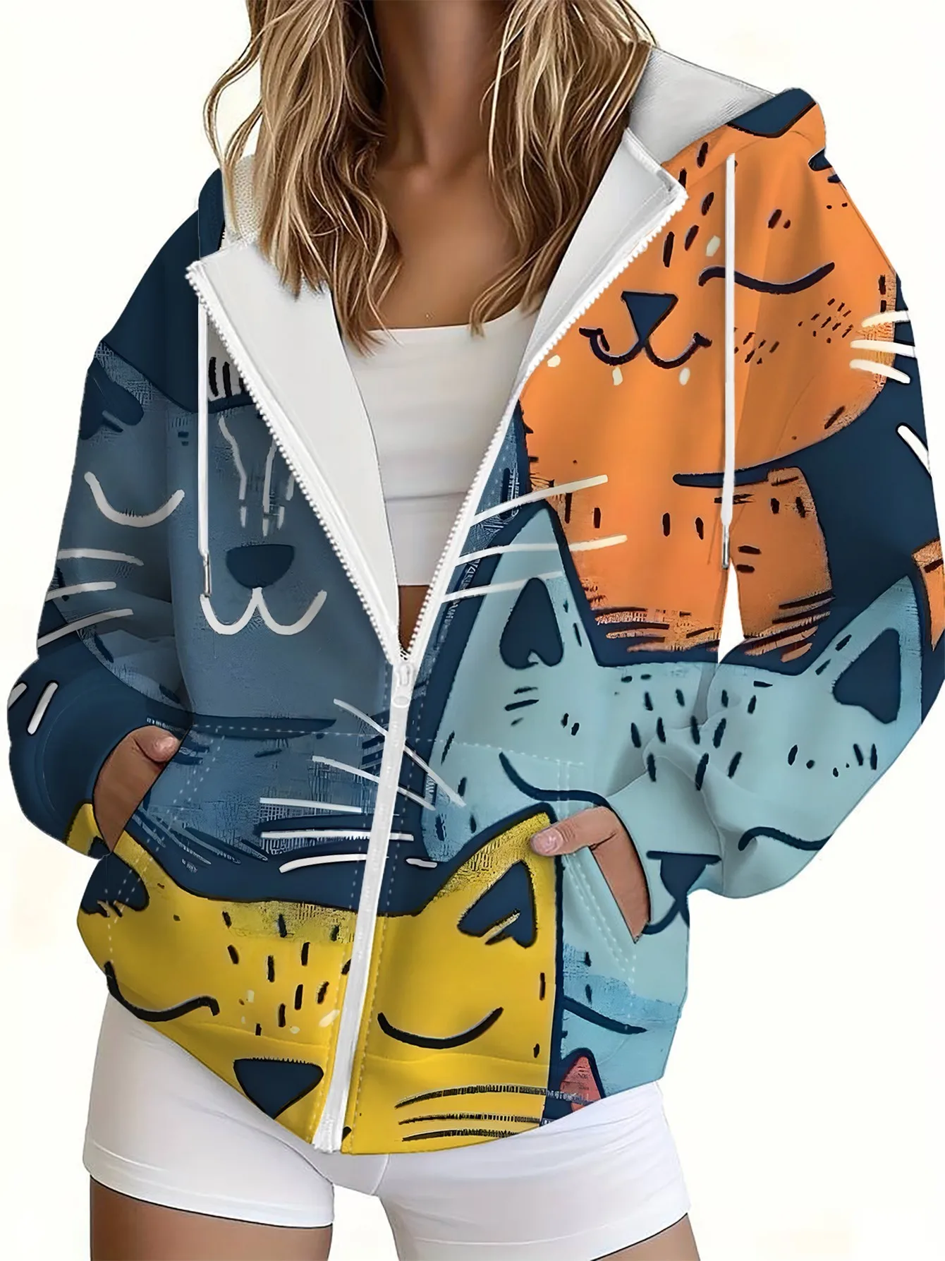 2026 autumn and winter new style women's zipper hooded sweater with 3D bat pattern print street casual and comfortable