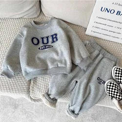 Children's Round Neck Sweater Sets Boys Warm Casual Loose 2Pcs Autumn Winter New Children's Long-Sleeved Letter Sports Suit 2-6Y