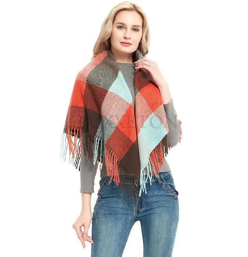 Women Knit Winter Scarf Cashmere Pashmina Female Plaid Warm Tassels Scarves Blanket Shawls Bandana Wraps Bufanda