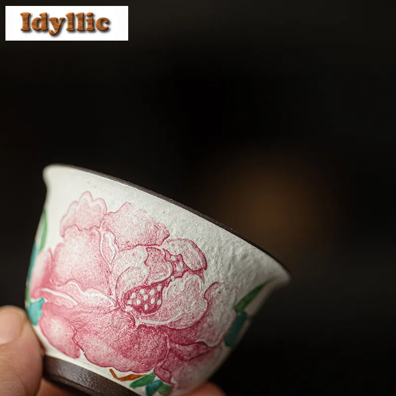 2pc/lot Old Rock Clay Light Makeup Peony Teacup Antique Tea Bowl Cute Cup Tea-tasting Personal Cup Jianzhan Master Cups Cha 70ml