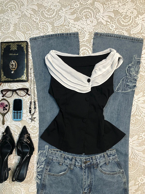 

Original Black Contrast Color One-Shoulder Top for Women Vintage Style Summer Cotton Blend Sleeveless Commute Fashion