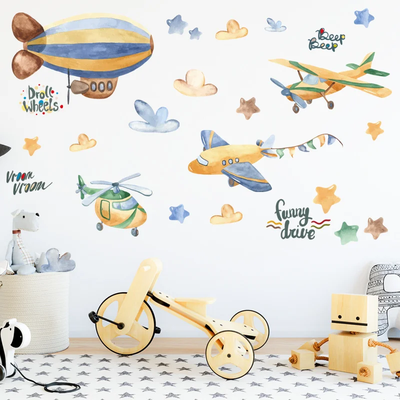 Watercolor Airplane & Airship Wall Stickers, Yellow Blue Helicopter Cloud Star Kids Boys Bedroom Decor