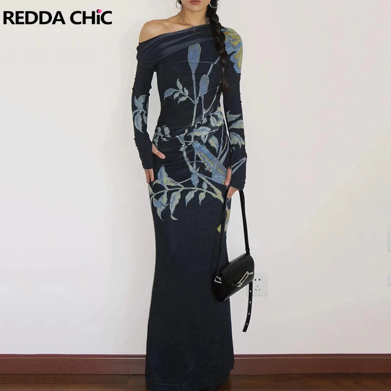 

REDDACHiC Aesthetic Print Women Long Dress with Slit Pretty Elegant Slant Shoulder Mesh Maxi One-piece Dress Vintage Clothes