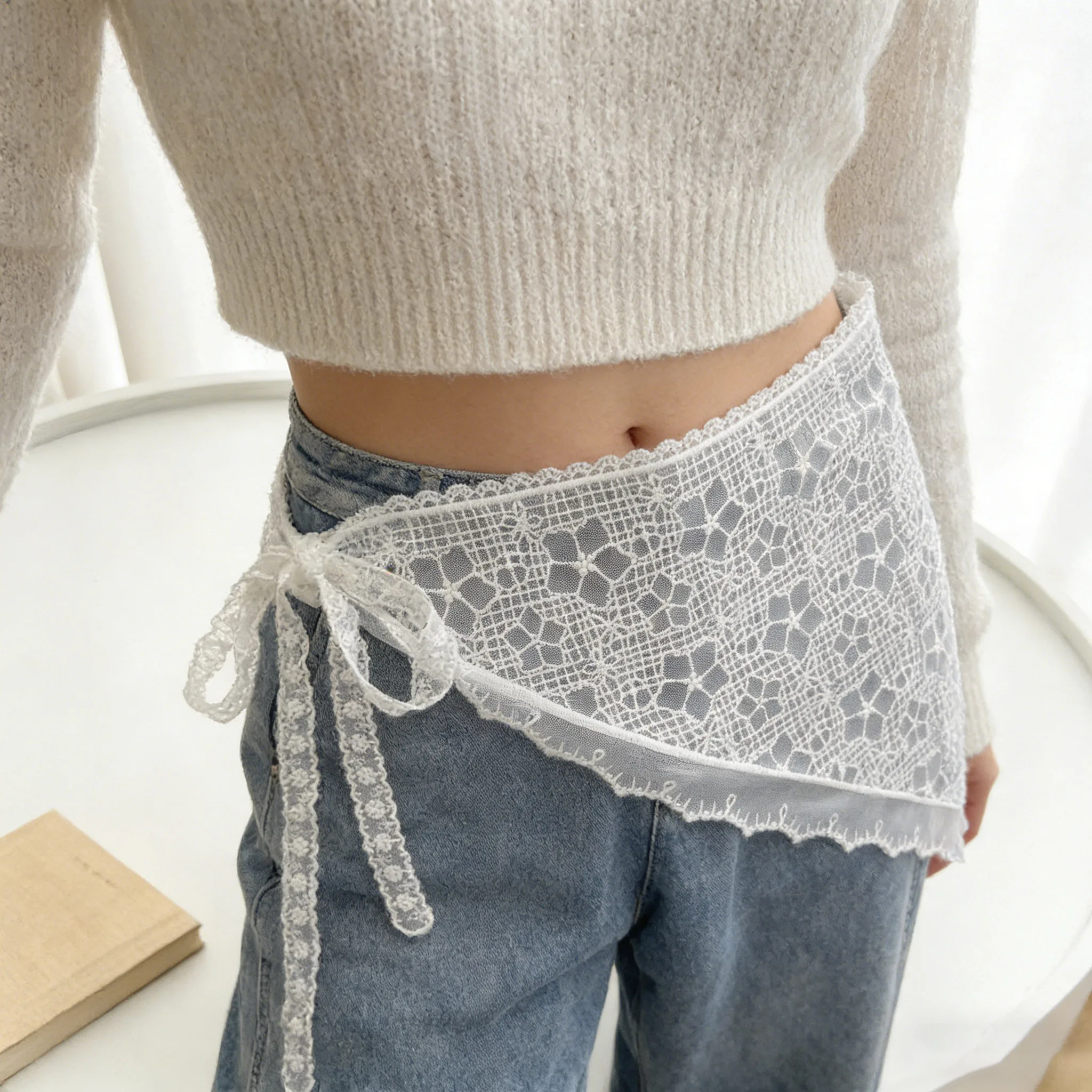 

2026 Корейская женская геометрическая кружевная полуюбка, кружевная тюлевая юбка-бандаж, многослойная короткая юбка с эффектом драпировки, треугольный платок для волос