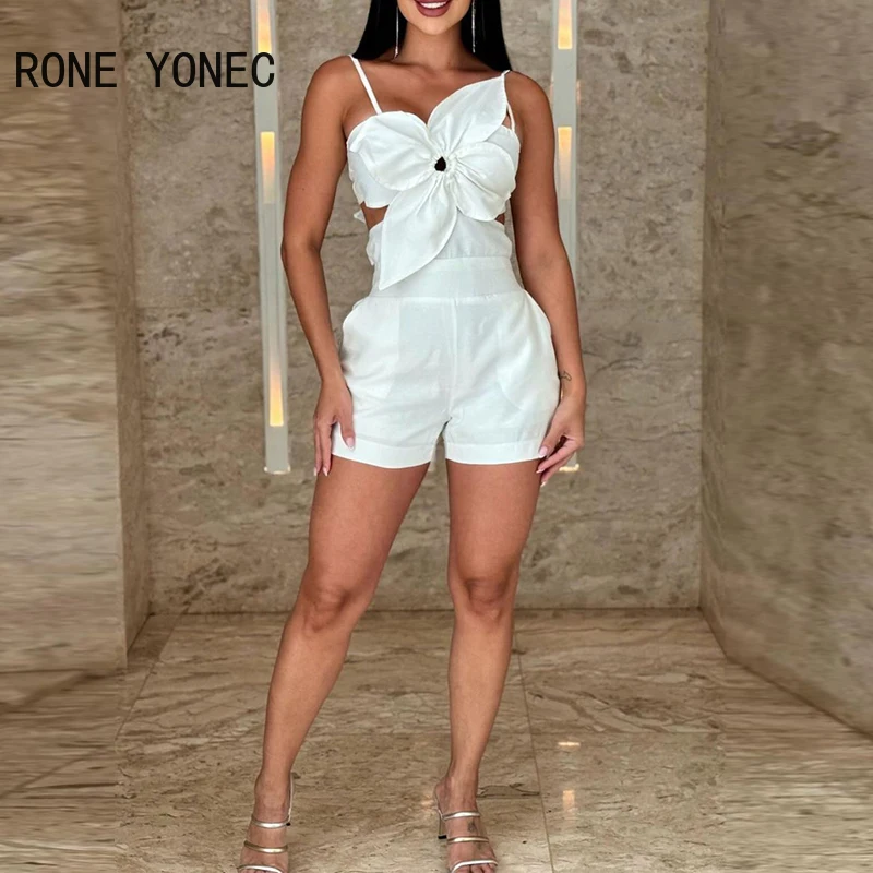 Women Solid Spaghetti Strap Sleeveless Three Dimensional Decoration Midriff Straight Rompers