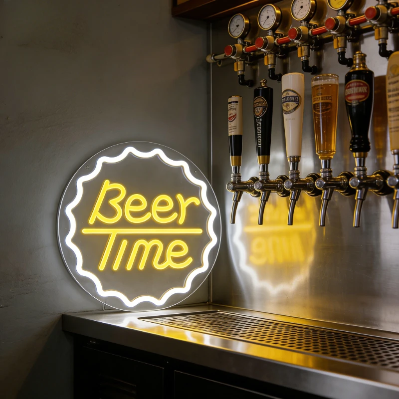 Beer Time LED Neon Sign  Edge Round Shape for Home Bar Man Cave Pub Decor Perfect for Relaxing with Friends Wall Art Lighting