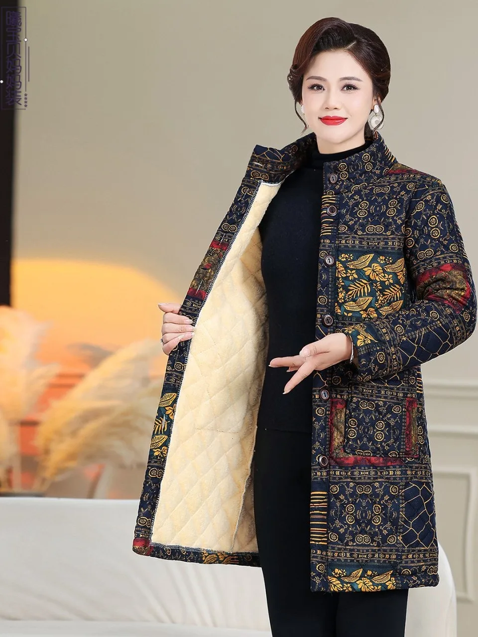

Warm Cotton Jaet for Middle-Aged And ly Women Large Size Printed Stand Collar Winter Clothes Mom's Clothes Sle