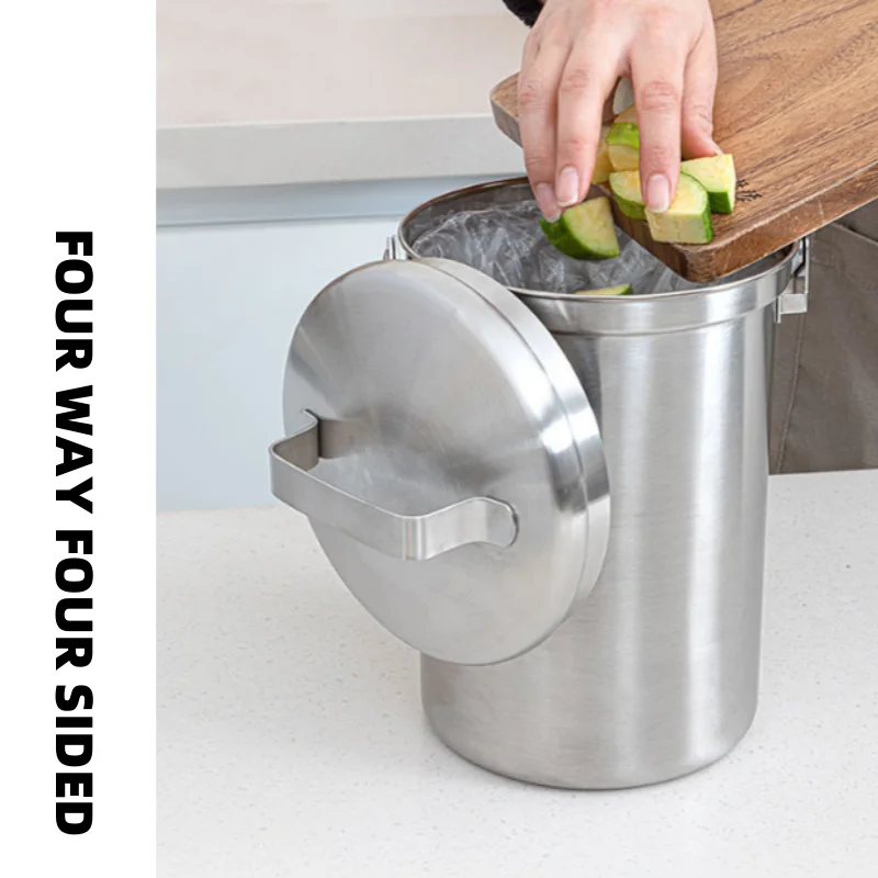 3L Stainless Steel 304 Outdoor Food Waste Bin, Thickened Clean and Hygienic Kitchen Waste Bin with Lid for Household Use