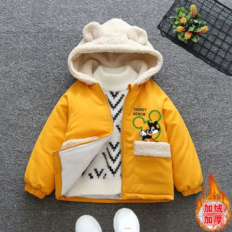 2023 Winter Plus Velvet Warm Boys Coat Cartoon Mouse Hooded Jacket For Kids Children Outerwear Clothing Birthday Present