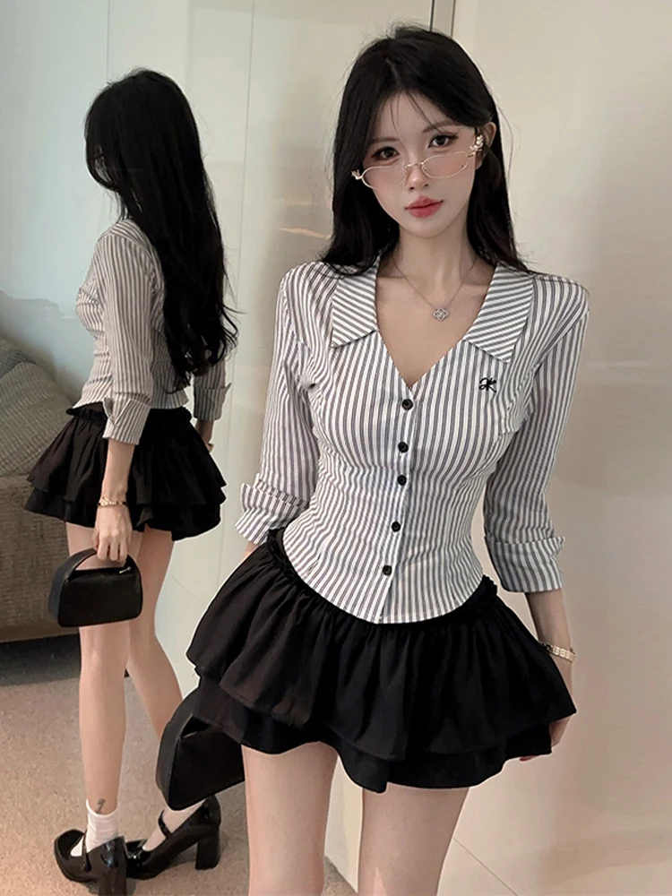 

Fashionable Slim Fit Striped Design Shirt Top Seven Sleeve Business Set with Half Skirt Contrast Color Casual Style Women's E...