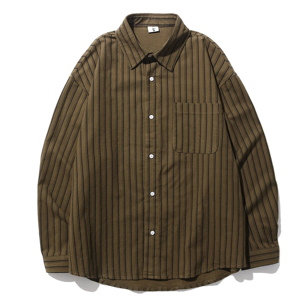 Daily Casual Wear Holiday Striped Long Sleeve Shirt Pocket Button Shirt Brown Color Casual Style Regular Length