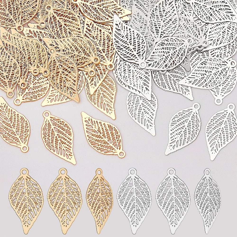 120Pcs 2 Colors Rack Plating Brass Filigree Pendants Long-Lasting Plated Leaf Charms Platinum Light Gold 19x10x0.4mm Hole: 1mm
