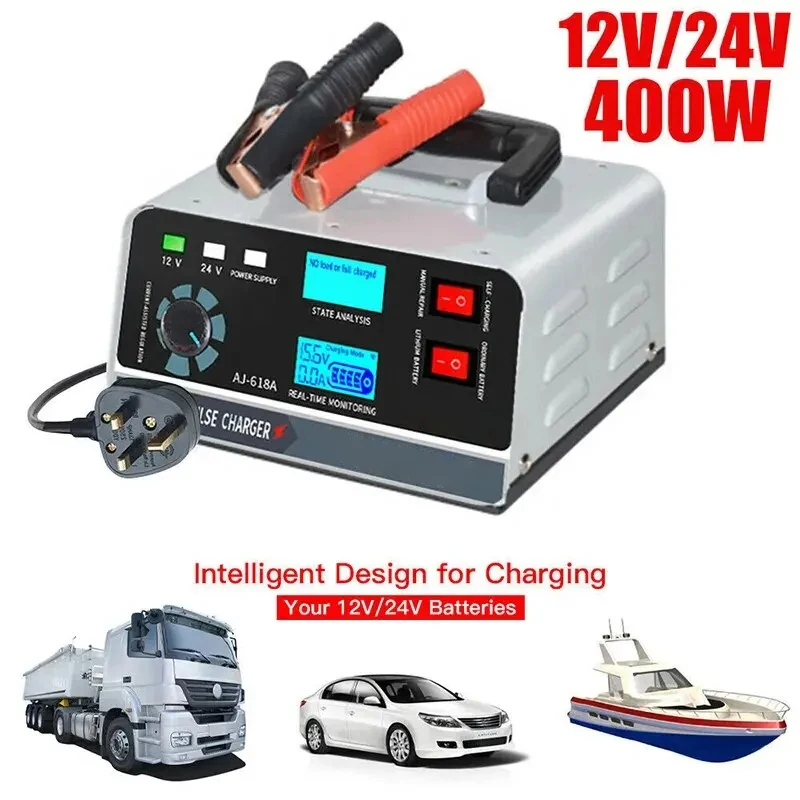 12V/24V Professional Large Power 400W Automotive Battery Charger Trickle Smart Pulse Repair for Car SUV Truck Boat Motorcycle-qi