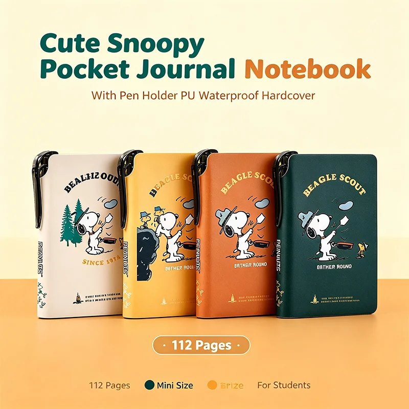 Cute Snoopy Pocket Journal Notebook With Pen Holder PU Waterproof Hardcover 112 Pages Mini Memo Book For Teen Students