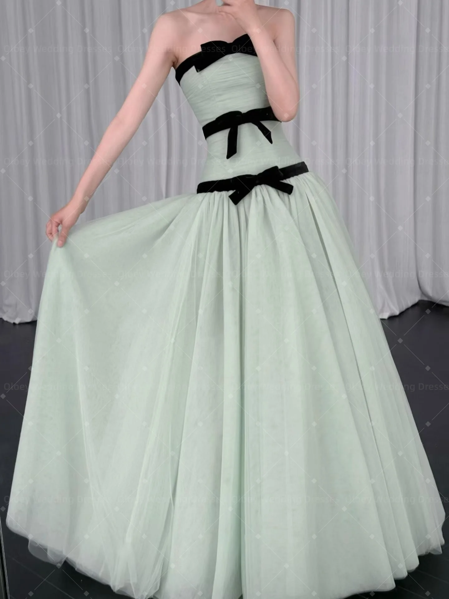 OLOEY Elegant Korea Wedding Dress Photo Shoot Prom Dress with Bow Detail Princess Style Mid-Waist Long Skirt for Wedding 웨딩드레스