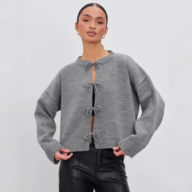 

European and American 2025 Autumn/winter Casual Loose Cardigan with Lace Up Solid Color Knitted Sweater for Women