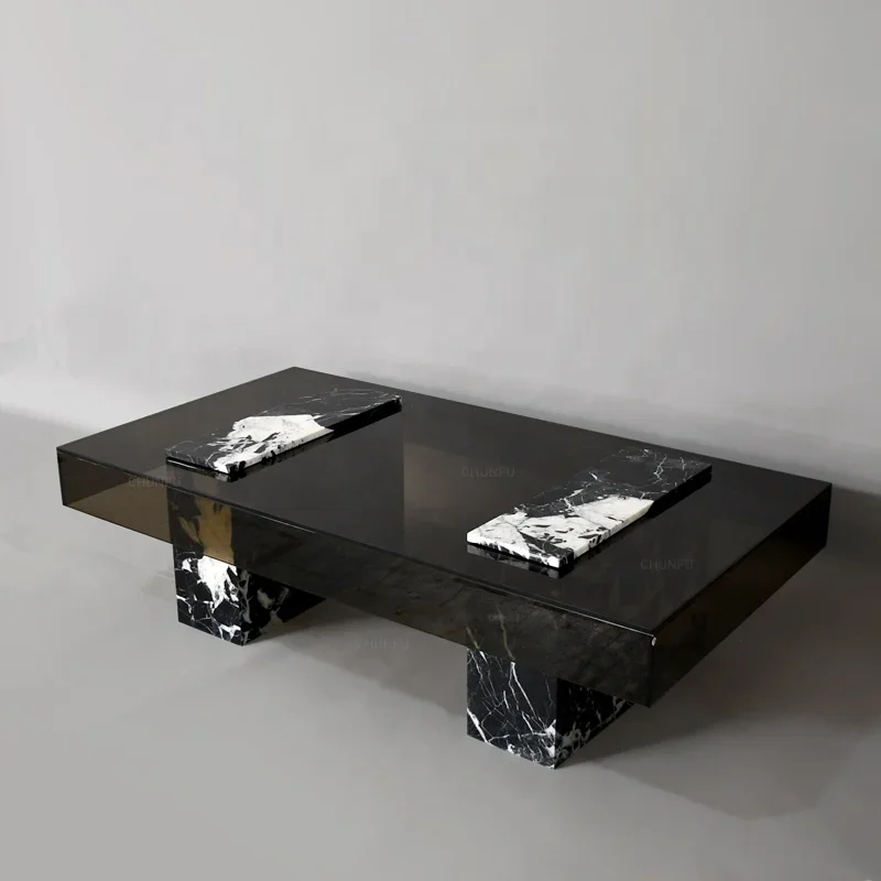 Modern style luxury living room furniture violin black marble stretchable coffee table tempered glass exclusive