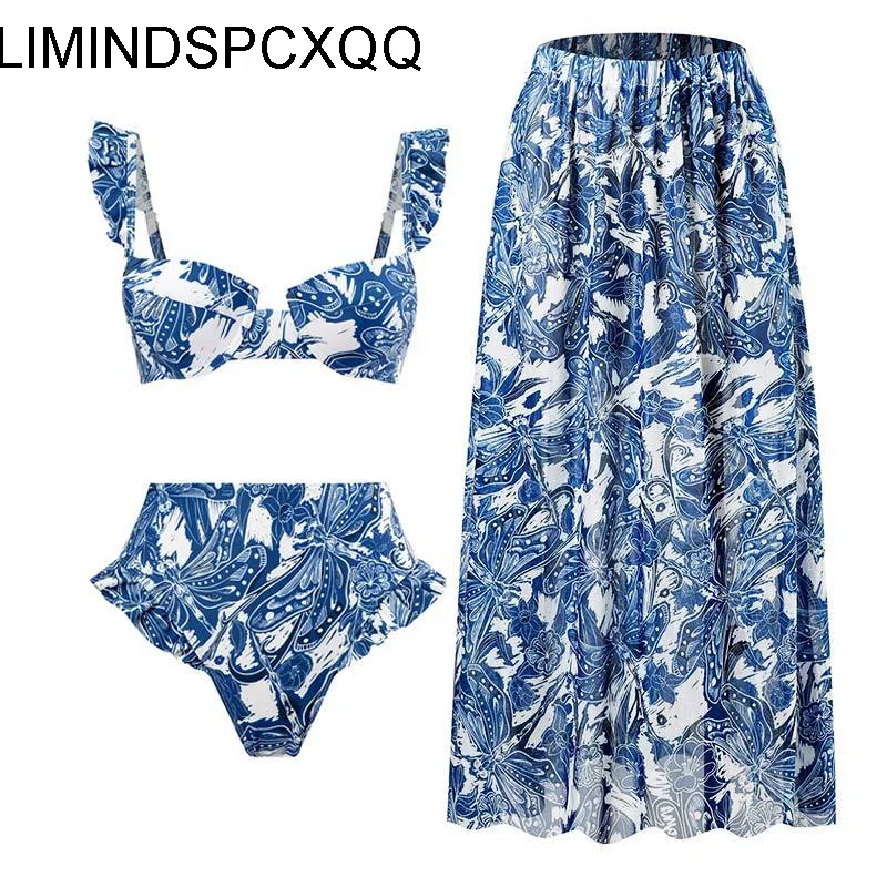 

Split Three-piece Swimsuit Vintage Lace Beach Dress Women 2023 Summer Sexy Printing Stripe High Waist Tight Quick-drying Clothes