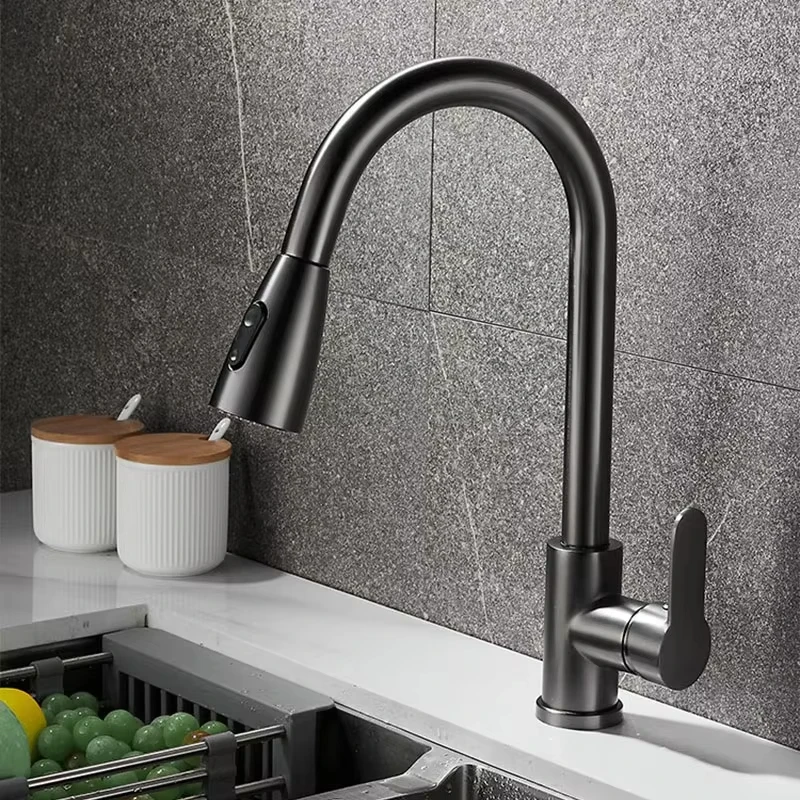 Stainless Steel Kitchen Faucet, Single-Hole Pull-Out Spout, Kitchen Sink Mixing Faucet, 360° Rotating Cleaning Faucet