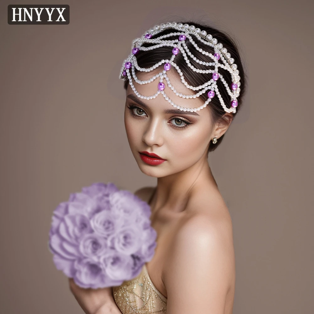 HNYYX Purple Pearl Headband Wedding Bride Hair Accessories with Tassels Fashion Girls Headpieces Mesh Jewelry Headband A221