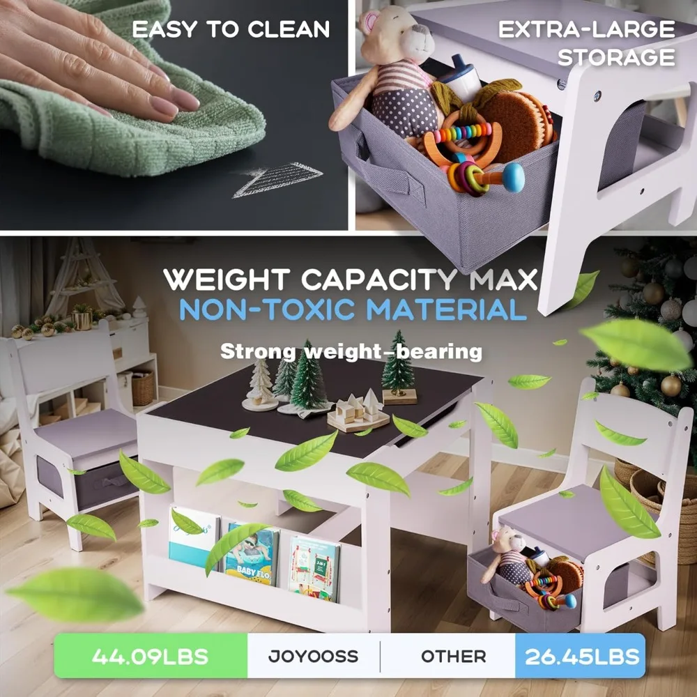 طقم طاولة وكرسي خشبي للأطفال الصغار 4 في 1 للأعمار من 3 إلى 7 سنوات مع مساحة تخزين ومكتب وكرسي متعدد الوظائف للأطفال