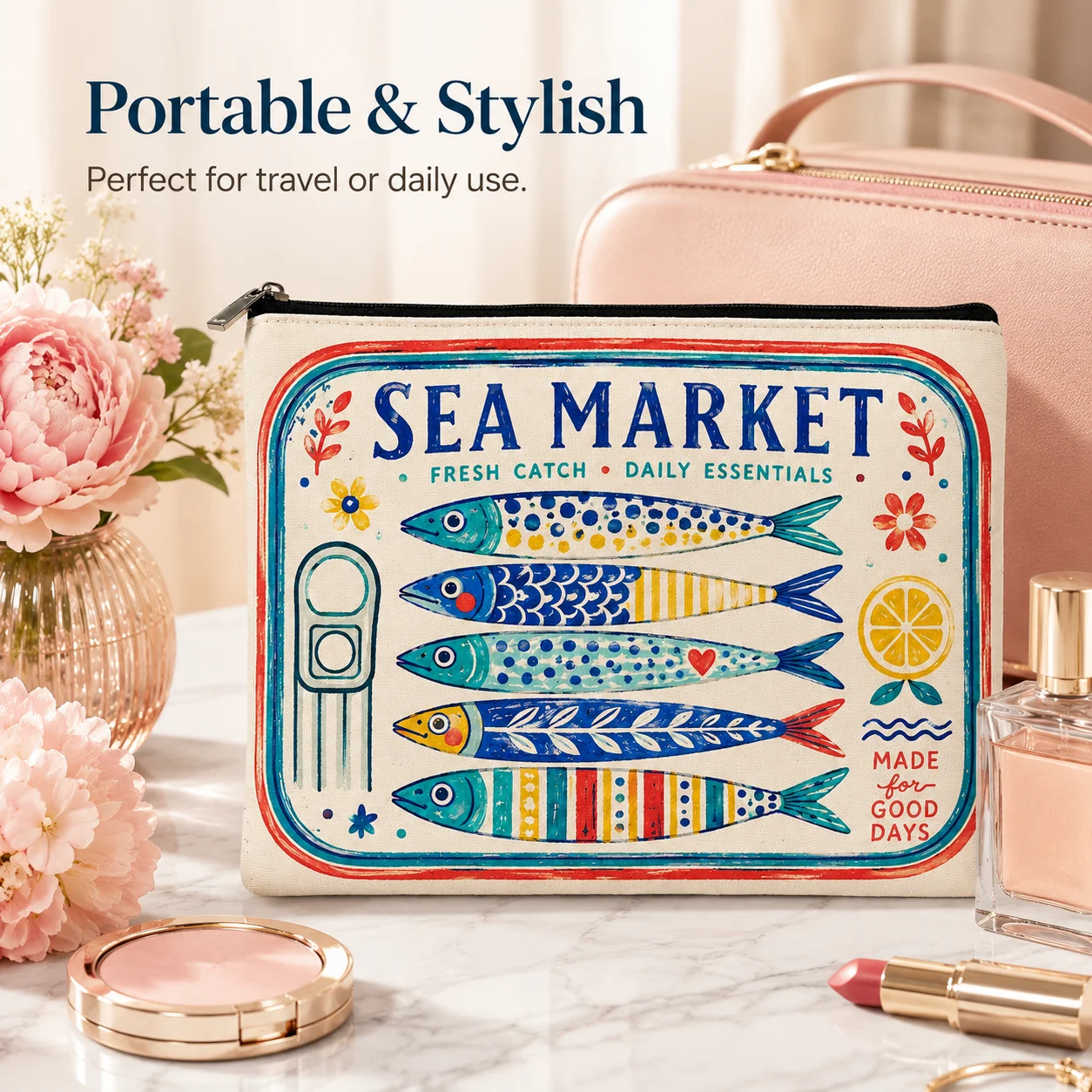 Vintage Fish Print Canvas Makeup Bag for Women Sea Market Cosmetic Pouch with Zipper Travel Toiletry Organizer Storage Bag