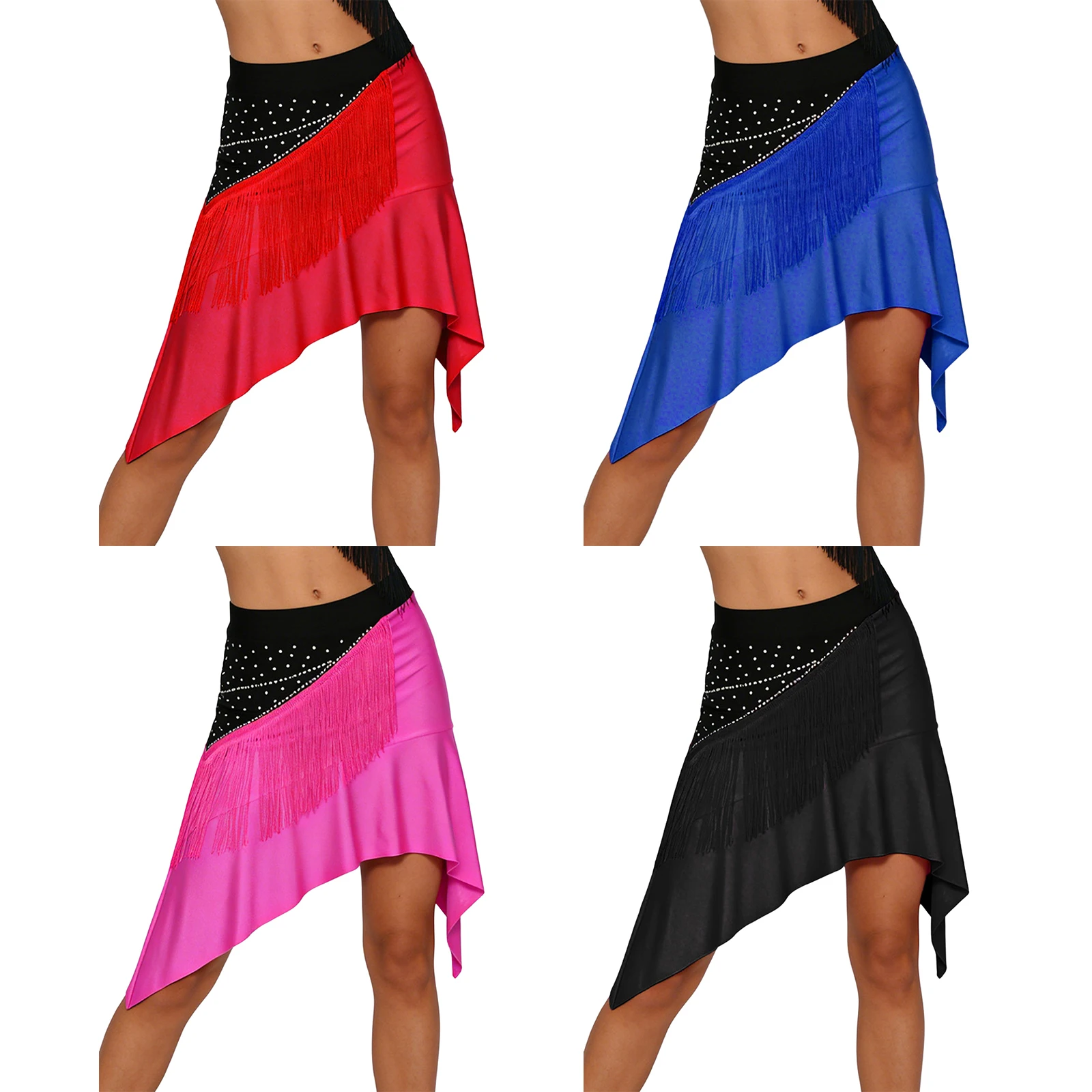 Faldas de Baile Latino con Borlas para Mujer, Traje de Competición para Cha-cha, Rumba, Salsa, Tango, con Pedrería, Ropa de Baile, Faldas de Tap y Jazz