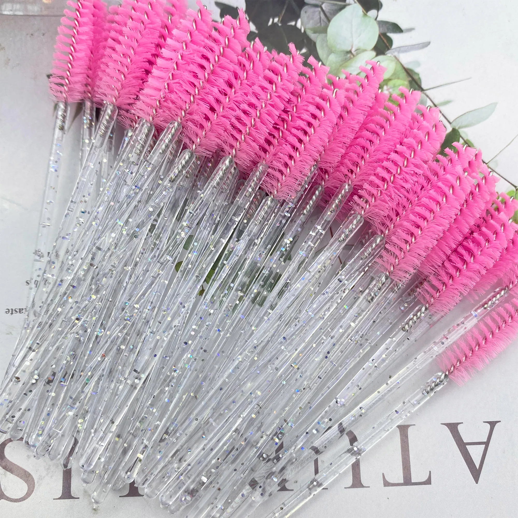 50pcs Eyelashes Brush Crystal Diamond Handle Makeup Brush Mascara Wands Eyelash Extension Tool Supplies Applicator Spoolers