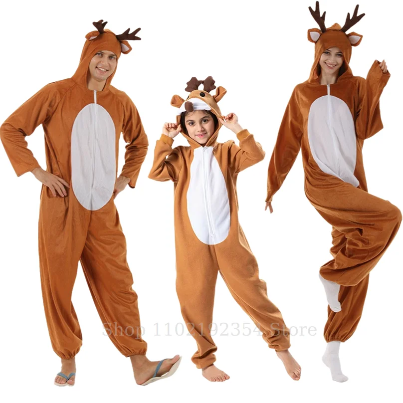 

Christmas Family Elk Cosplay Outfits Unisex Adult Reindeer Costume Couple Animal Pajamas Carnival Party Suit
