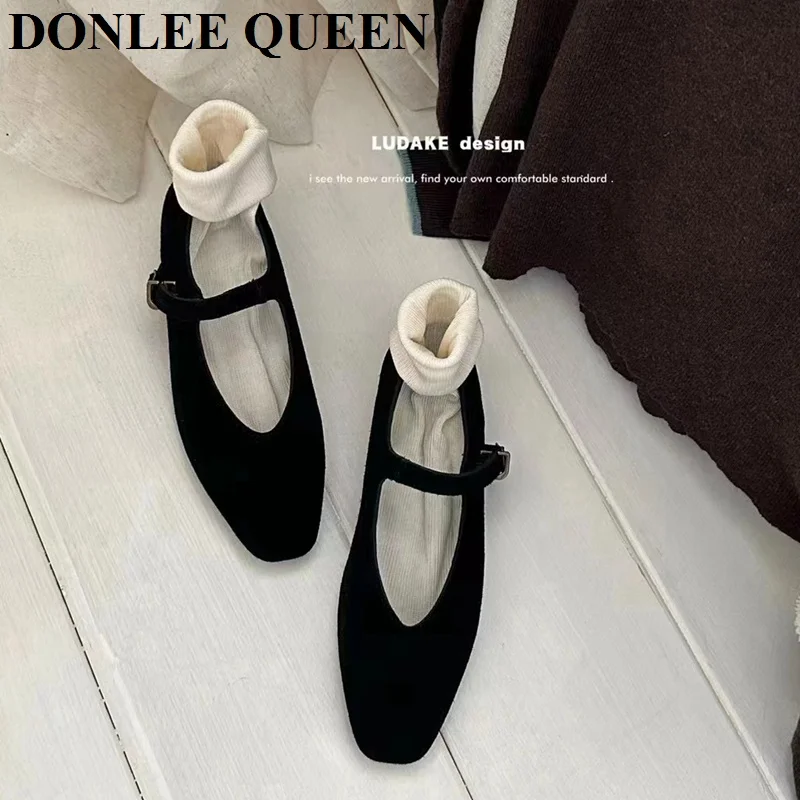 2024 Autumn Brown Women Flats Shoes Fashion Square Toe Ladies Ballerinas Shoes Soft Loafers Outdoor Casual Mary Jane Shoes Mujer